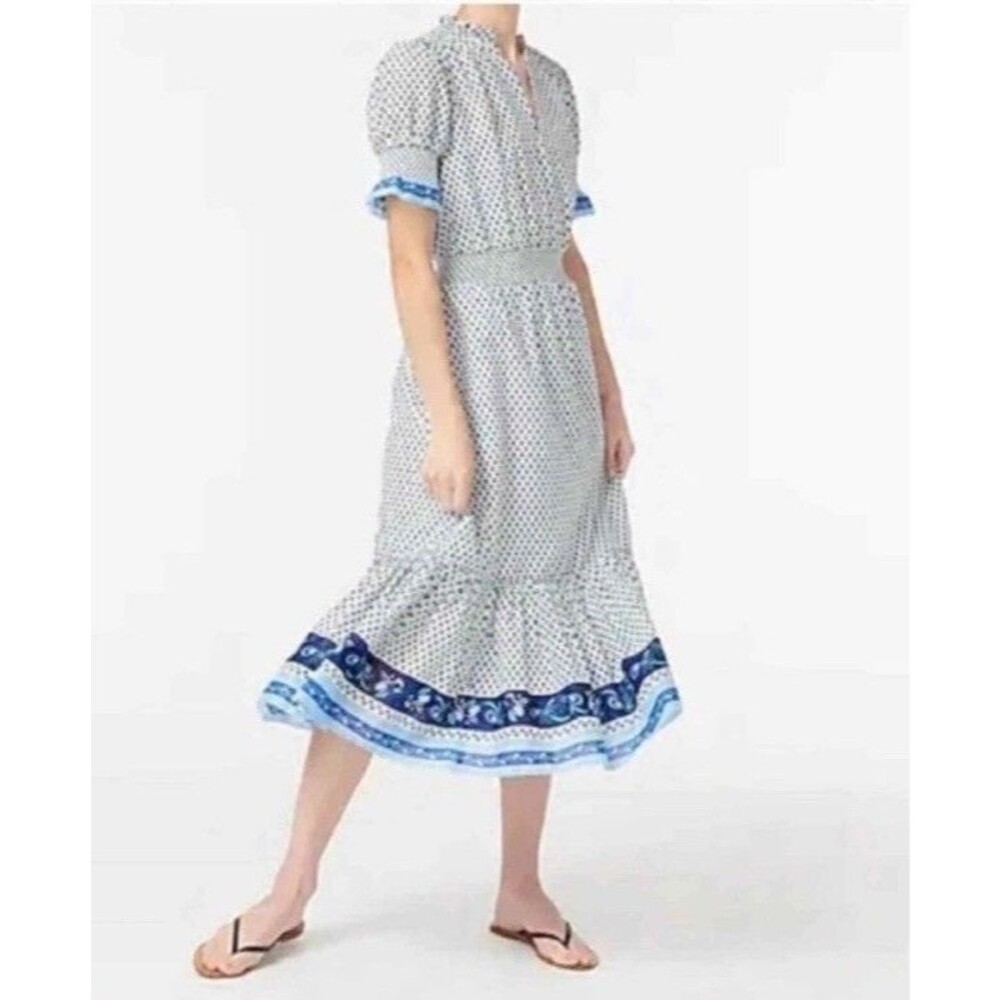 J.Crew Blue White Floral Print Midi Dress Smocked Waist Puff Sleeve Cotton Sz S